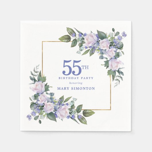 Weiße Rose Blaue Blumen zum 55. Geburtstag Serviette (Vorderseite)
