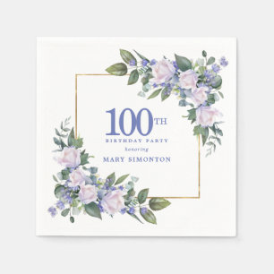 Weiße Rose Blaue Blumenparty zum 100. Geburtstag Serviette