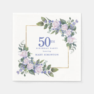 Weiße Rose Blaue Blumenparty zum 50. Geburtstag Serviette