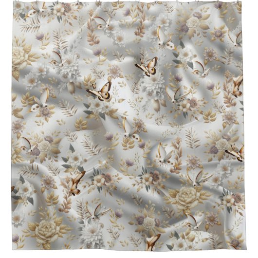 Weiße Rose, Champagnerseide und Schmetterlinge Duschvorhang (Vorderseite)