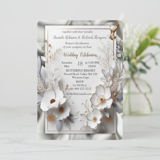 Weiße Rose, Champagnerseide und Schmetterlinge Einladung (Stehend Vorderseite)