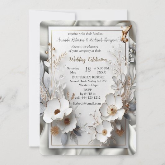 Weiße Rose, Champagnerseide und Schmetterlinge Einladung (Vorderseite)