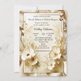 Weiße Rose, Champagnerseide und Schmetterlinge Einladung