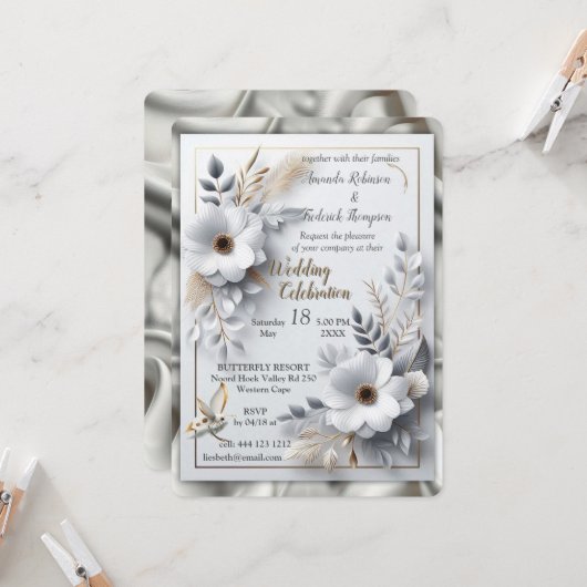 Weiße Rose, Champagnerseide und Schmetterlinge Einladung (Vorderseite/Rückseite Beispiel)