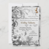 Weiße Rose, Champagnerseide und Schmetterlinge Einladung (Vorderseite)