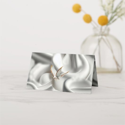 Weiße Rose, Champagnerseide und Schmetterlinge Platzkarte (Rückseite)