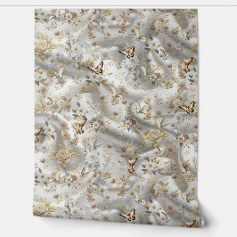 Weiße Rose, Champagnerseide und Schmetterlinge Tapete
