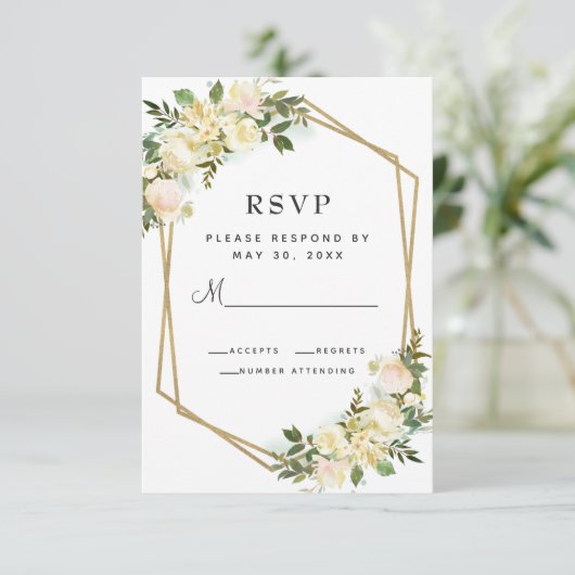 Weiße Rose Eleganter Blumengoldrahmen Hochzeitswei RSVP Karte (Stehend Vorderseite)