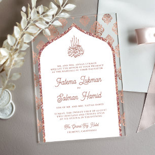 Weiße Rose Gold Damast Bogen Muslimische Hochzeit Acryleinladungen