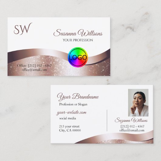 Weiße Rose Gold Decoder Logomonogramm und Foto Visitenkarte (Vorne/Hinten)