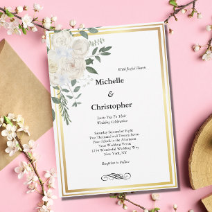 Weiße Rose Goldrand Blumen Elegante Hochzeit Einladung