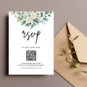 Weiße Rose Greenery Floral QR-Code Hochzeit RSVP Karte