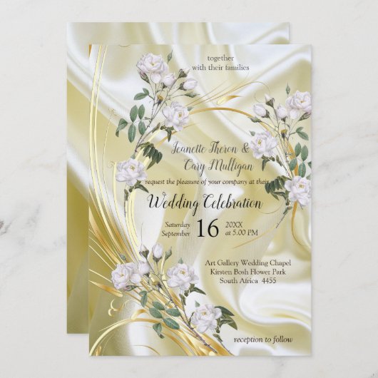 Weiße Rose in Aquarellfarben auf Champagnerseide Einladung (Vorne/Hinten)