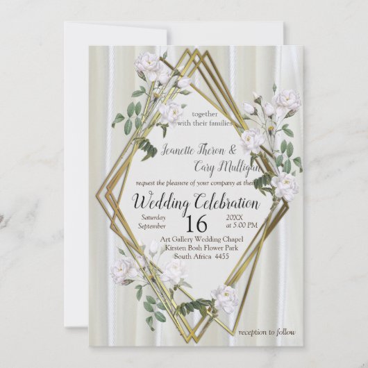 Weiße Rose in Aquarellfarben auf Champagnerseide Einladung (Vorderseite)