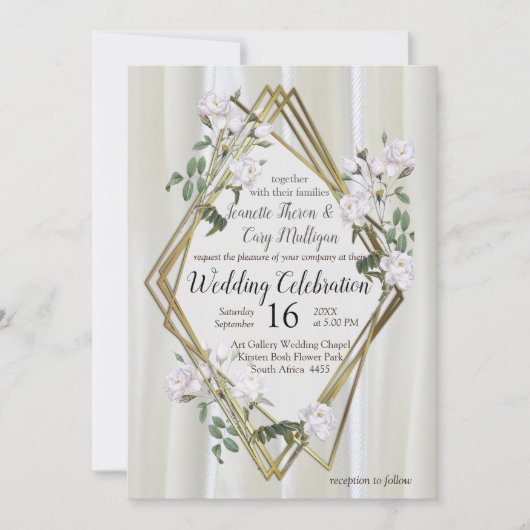 Weiße Rose in Aquarellfarben auf Champagnerseide Einladung (Vorderseite)