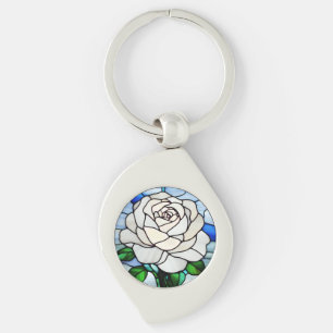 Weiße Rose in Buntglas Schlüsselanhänger