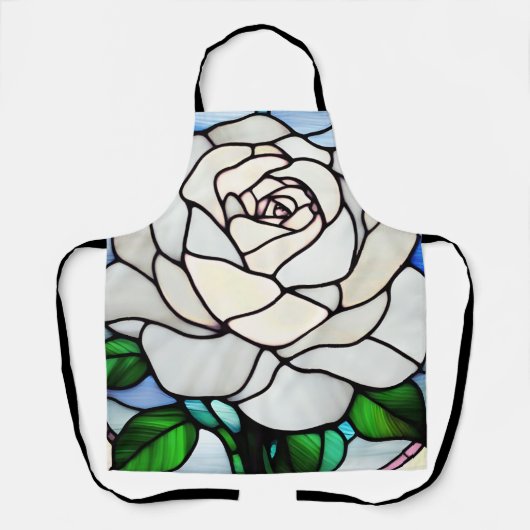 Weiße Rose in Buntglas Schürze (Vorderseite)