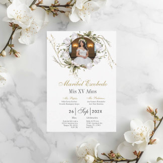 Weiße Rose Quinceañera mit Bild Einladung