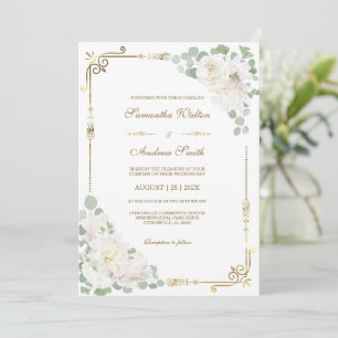 Weiße Rose Salbei Grün Gold Hochzeit Einladung