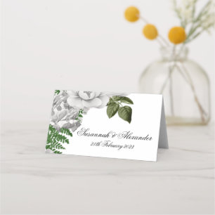 Weiße Rose und Fern Bouquet Wedding Platzkarte