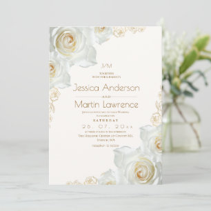 Weiße Rose und goldene Blumen Elegante Hochzeit Einladung