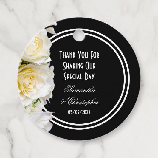 Weiße Rose und schwarze Blüte danke Ihnen Hochzeit Geschenkanhänger (Vorderseite)