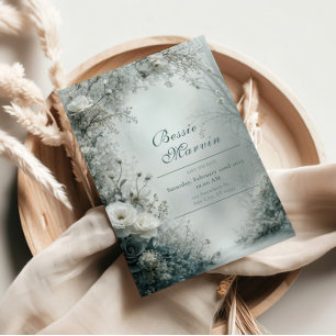 Weiße Rose und Staubgraue Winterhochzeit Einladung