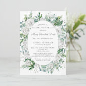 Weiße Rose Winter Grüne Botanische Beerdigung Einladung (Stehend Vorderseite)