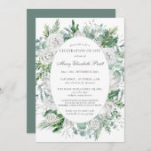 Weiße Rose Winter Grüne Botanische Beerdigung Einladung (Vorne/Hinten)