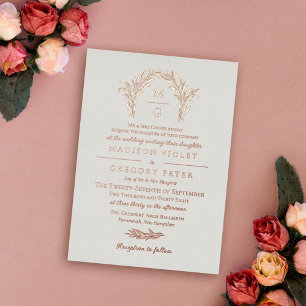 Weiße Roségold-Bogen-Kranz-Monogramm-Hochzeit Folieneinladung