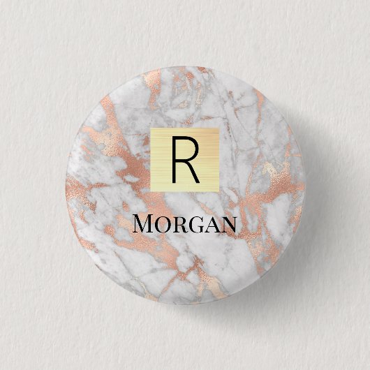 Weiße & Roségold-Marmor-Goldbox, Name & Monogramm Button (Vorderseite)