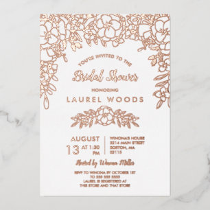 Weiße & Roségoldene Florale Line Art Brautparty Folieneinladung