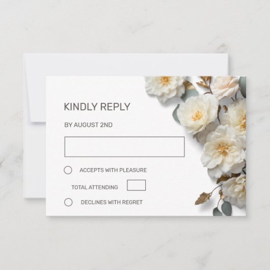Weiße Rosen 3D Blumen RSVP Karte (Vorderseite)