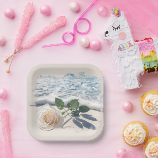 Weiße Rosen am Strand Sand Pappteller (Party)