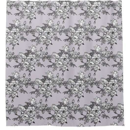 Weiße Rosen auf dem Lavendel-Hintergrund Duschvorhang (Vorderseite)