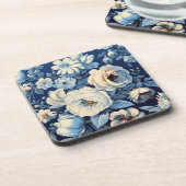Weiße Rosen auf Indigoblau Hintergrund Getränkeuntersetzer (Linke Seite)