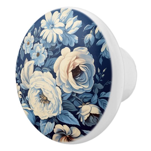 Weiße Rosen auf Indigoblau Hintergrund Keramikknauf (Rechts)