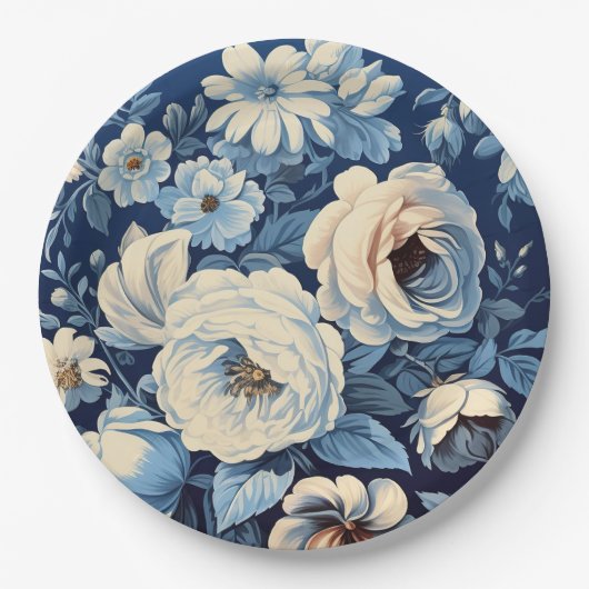 Weiße Rosen auf Indigoblau Hintergrund Pappteller (Vorderseite)