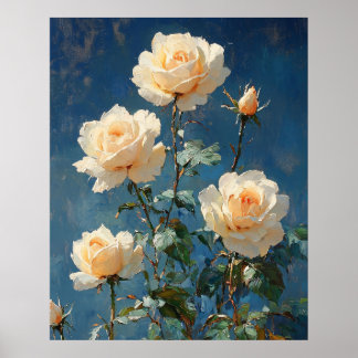 Weiße Rosen auf marineblauem Hintergrund Poster