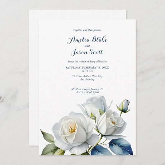 Weiße Rosen auf sauberer weißer Hochzeit Einladung (Vorne/Hinten)