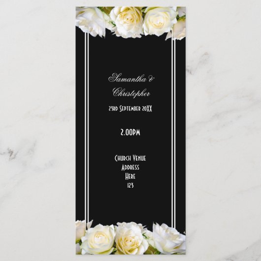 Weiße Rosen auf schwarzem Kirchenhochzeitsprogramm Programm (Vorderseite)