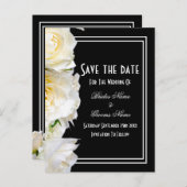 Weiße Rosen auf schwarzen Hochzeit speichern das D Ankündigungspostkarte (Vorne/Hinten)