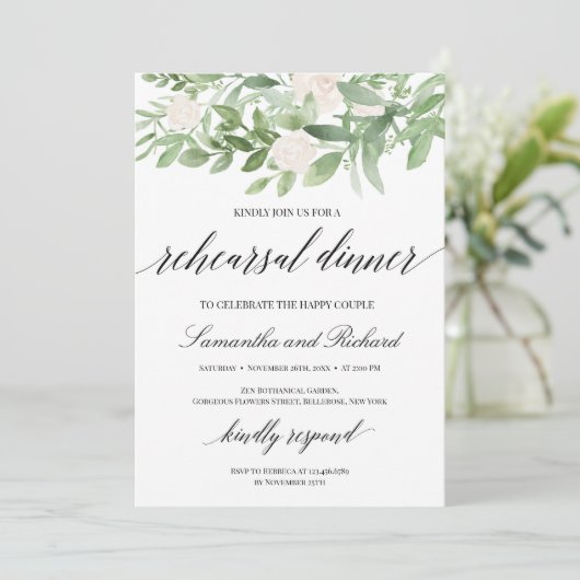 Weiße Rosen aus grünem Blattwerk boho Probe Abende Einladung (Stehend Vorderseite)
