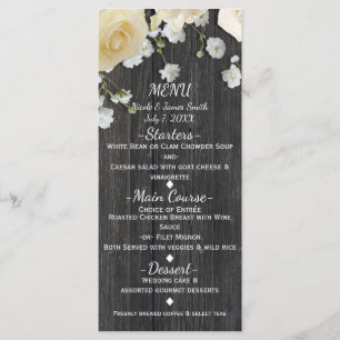 Weiße Rosen & Babys Atem auf Holze Hochzeitsmenü Menükarte