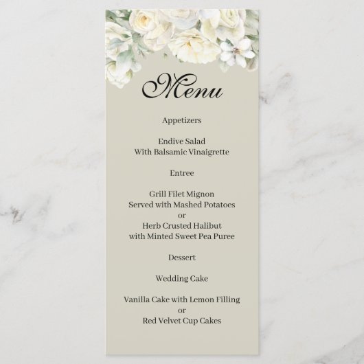 Weiße Rosen Beige Menü Menükarte (Vorderseite)