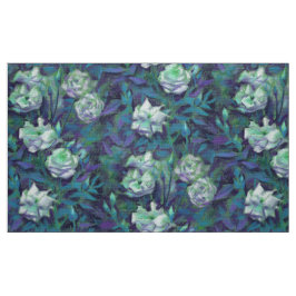 "Weiße Rosen, blaue Blätter", nostalgischer Blumen Stoff