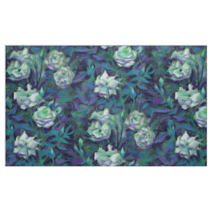 "Weiße Rosen, blaue Blätter", nostalgischer Blumen Stoff