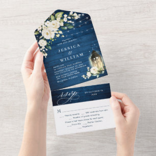 Weiße Rosen Blaue Holzlaterne Hochzeit All In One Einladung