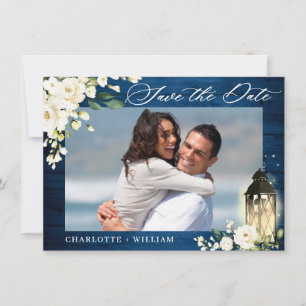 Weiße Rosen Blaues Holz PHOTO Hochzeit Save The Date