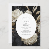 Weiße Rosen blühen trockene Blätter Dunkle Hochzei Einladung (Vorderseite)
